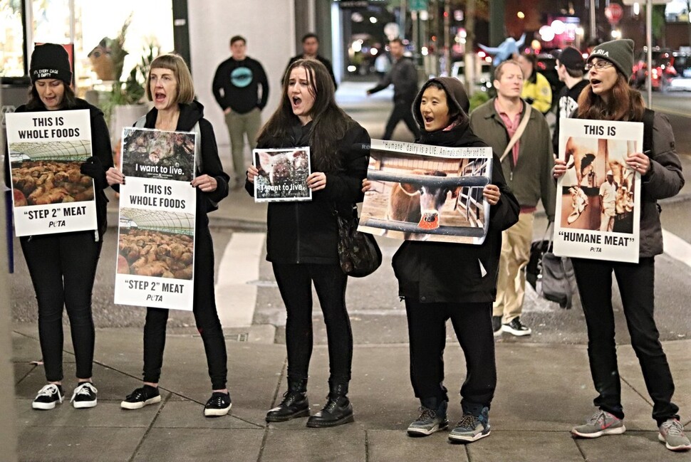 미국 포틀랜드의 홀푸드마켓 앞에서 동물해방 관련 시위를 펼치는 이하루씨(왼쪽에서 네번째)와 활동가들. (출처: Timothy Hellman)