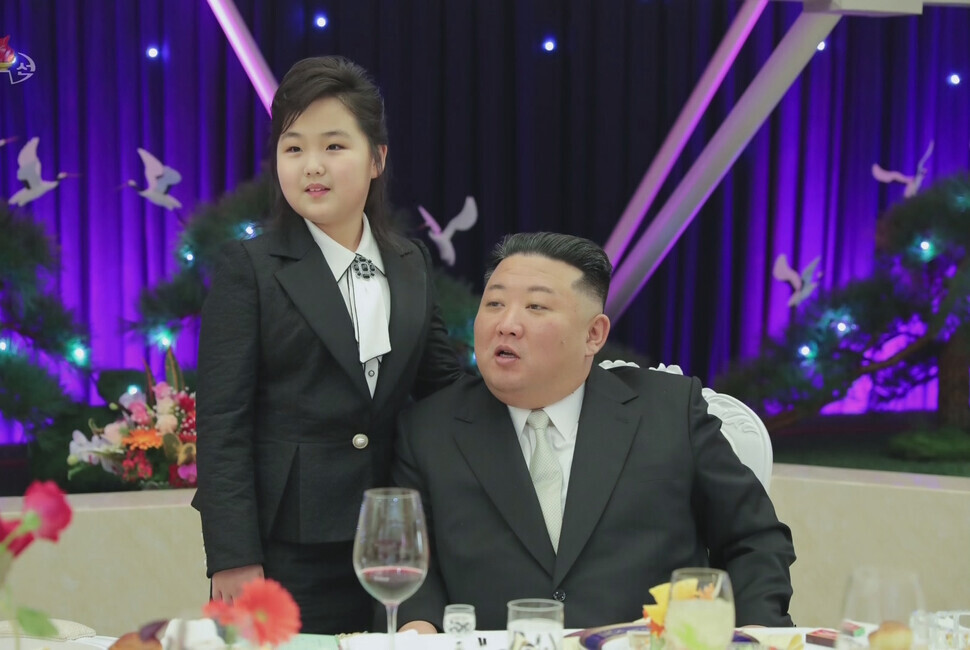 North Korean leader Kim Jong-un and daughter Kim Ju-ae, seen here in a photo released by state media, visited the barracks of KPA officers on Feb. 7 in commemoration of the founding of the armed forces, according to a report by KCTV on Feb. 8. (KCTV/Yonhap)