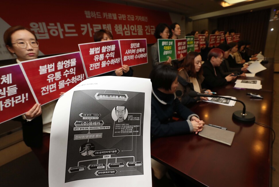 2018년 11월 서울 중구 태평로 한국프레스센터에서 여성단체 회원들이 양진호 한국미래기술 회장을 비롯한 ‘웹하드 카르텔’ 핵심 인물들의 철저한 수사를 촉구하고 있다. 한겨레 백소아 기자