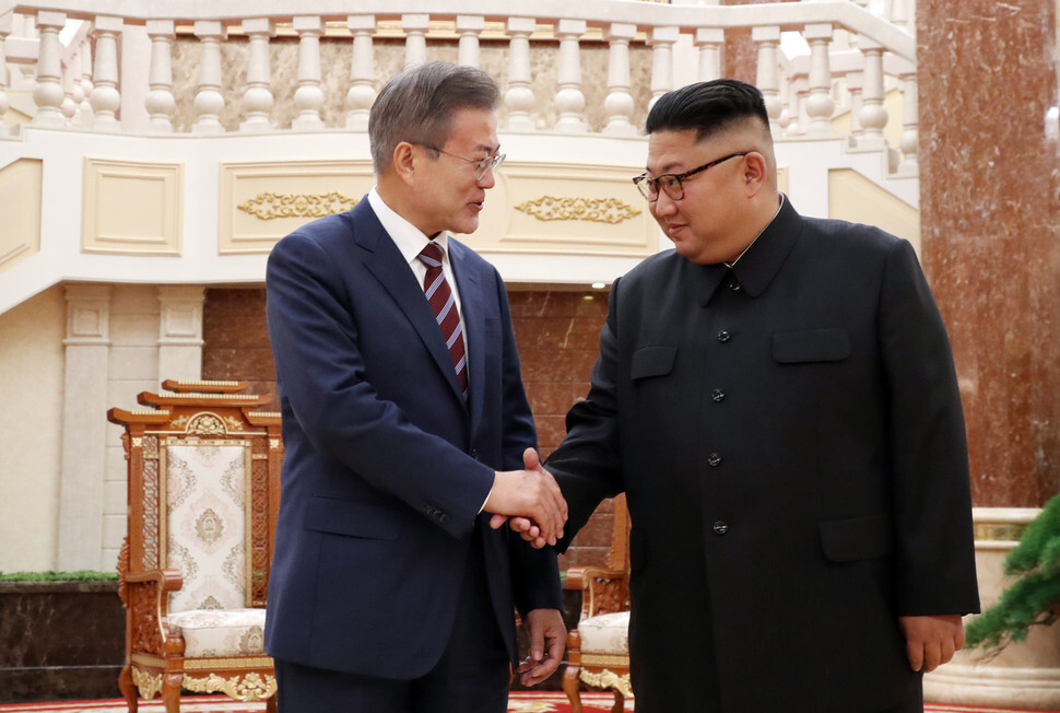 South Korean President Moon Jae-in and North Korean leader Kim Jong-un during the former’s visit to Pyongyang on Sept. 18, 2018. (Blue House photo pool)