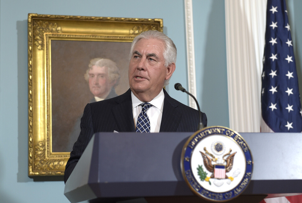 US Secretary of State Rex Tillerson discusses the 2016 International Religious Freedom Report at a press conference on Aug. 15 (AP/Yonhap News)