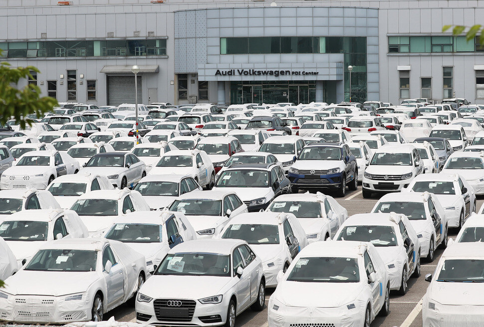 Volkswagen Audi cars are stuck at a pre-delivery inspection site in Pyeongtaek