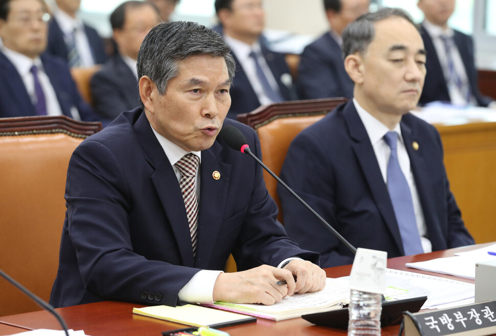 South Korean Defense Minister Jeong Kyeong-doo during a plenary session of the National Assembly’s Defense Committee in Seoul on Sept. 4. (Kang Chang-kwang