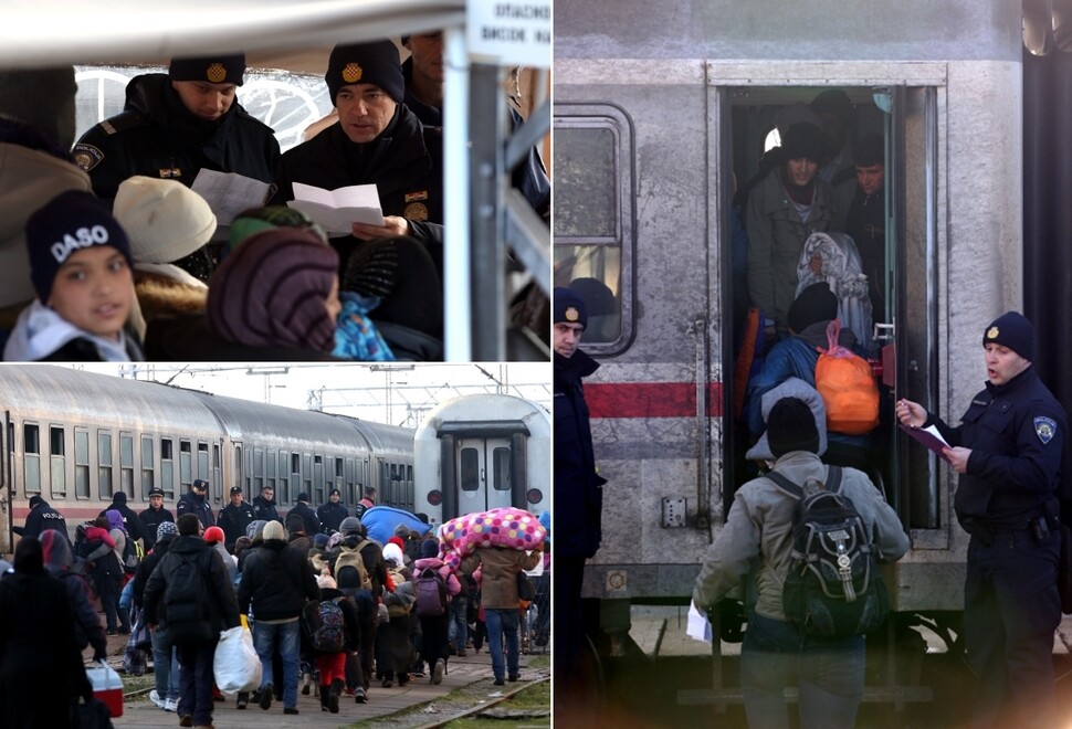 세르비아 북부 시드역에서 기차에 오르기 전 서류 검사를 받고 있는 난민들(왼쪽 상단), 시드역에서 크로아티아로 가는 기차에 오르고 있는 난민들.