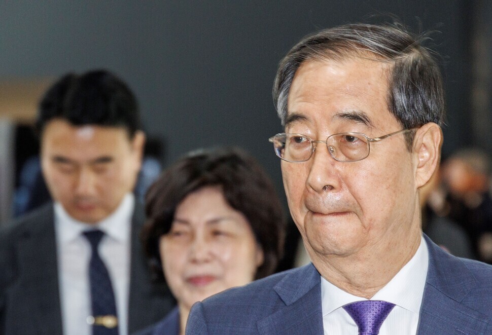Prime Minister Han Duck-soo leaves an event marking the 105th anniversary of the founding of the provisional government of the Republic of Korea held in Seoul’s Seodaemun District on April 11, 2024. (Yonhap)