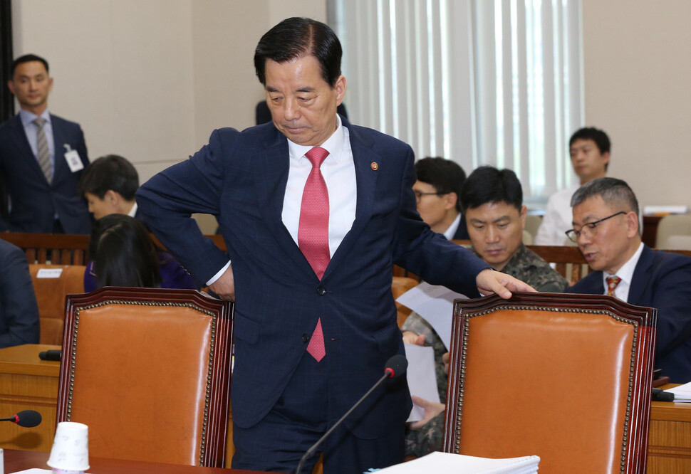Minister of National Defense Han Min-koo takes his seat at a National Assembly National Defense Committee hearing