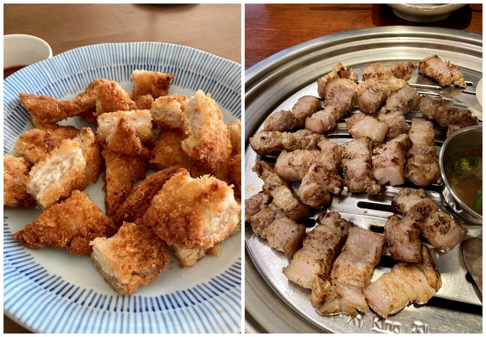 왼쪽은 집에서 에어프라이어로 구워 먹은 돈가스, 오른쪽은 식당에서 가서 사 먹은 오겹살.