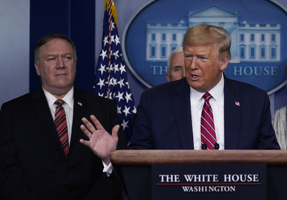 US President Donald Trump and Secretary of State Mike Pompeo during a press conference at the White House on May 20. (Yonhap News)