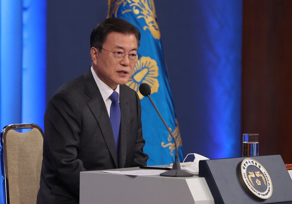 South Korean President Moon Jae-in takes questions from reporters after his special address on May 10 marking his fourth year in office at the Blue House Press Center. (Yonhap News)