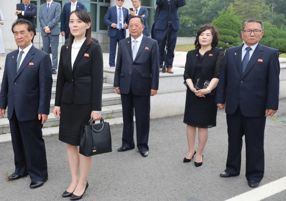 The North Korean delegation that accompanied leader Kim Jong-un during his visit to Panmunjom on June 30. Jang Kum-chol