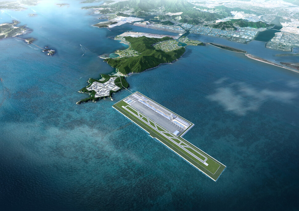 2022년 사전타당성 조사 때 제시된 가덕도 신공항 조감도. 섬과 바다에 걸치는 것으로 바뀔 예정이다. 국토교통부 제공