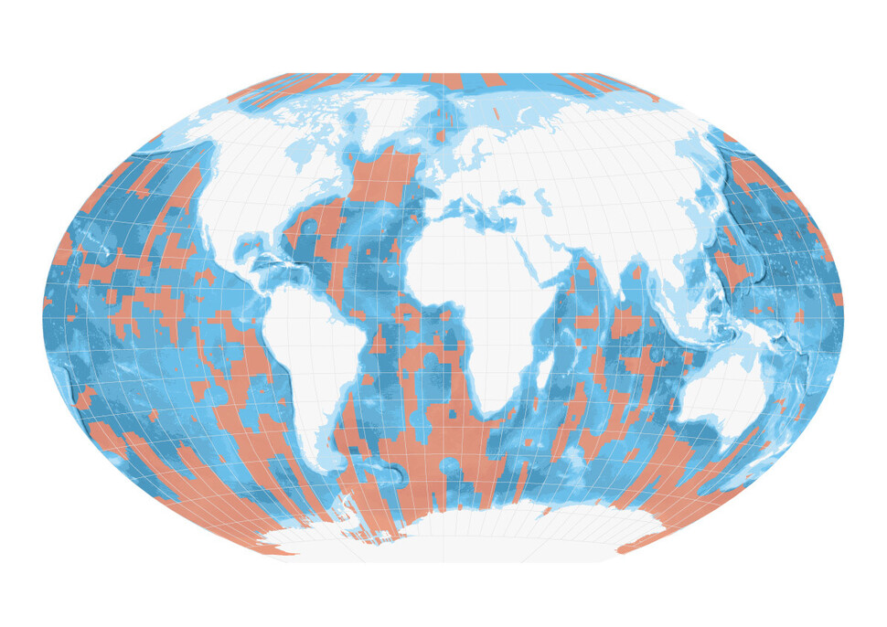해양보호구역으로 지정해야 하는 곳을 주황색으로 표시한 지도. 주황색 영역은 전 세계 공해상 30%의 해양보호구역 네트워크가 지정되었을 경우를 나타낸다. 그린피스 제공
