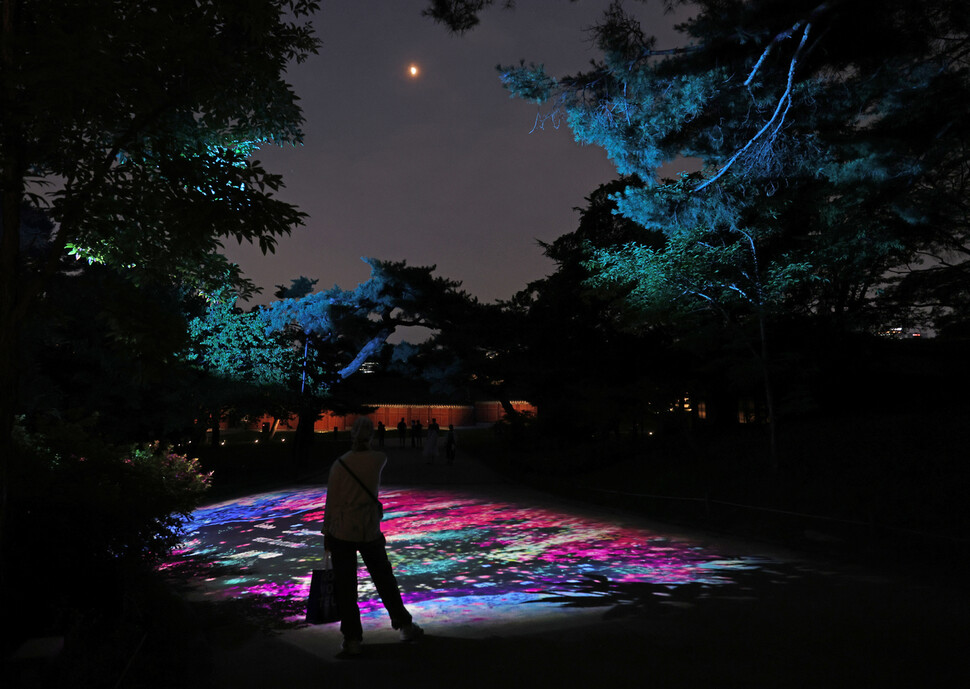 저녁 7시30분 현재 기온이 31.1도(체감 32.2도)를 보인 7월6일 서울 종로구 창경궁에서 궁의 자연경관과 빛, 첨단 영상기술이 어우러진 ‘2025 창경궁 물빛연화' 제8경 ‘영원한 궁’이 달빛 아래 펼쳐지고 있다. 빛과 어둠의 조화를 느끼며 더운 여름밤 잠시나마 숨을 돌릴 수 있다. 궁에 입장한 관람객이라면 별도의 예약 없이 무료로 관람할 수 있다.