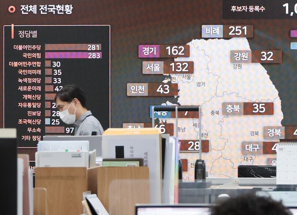 A person walks past a map of candidate registrations at the National Election Commission’s election situation room in Gwacheon on April 3, 2024, one week out from the 22nd National Assembly elections. (Yonhap)