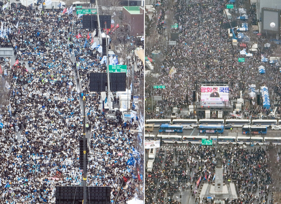 지난 3·1절 서울 곳곳에서 윤석열 대통령 탄핵 찬반 집회가 열리고 있다. 안국동 사거리에서 더불어민주당을 비롯한 야 5당이 탄핵 촉구 집회를(왼쪽), 세종대로에서 대한민국바로세우기국민운동본부 탄핵 반대 집회를 하고 있다. 연합뉴스