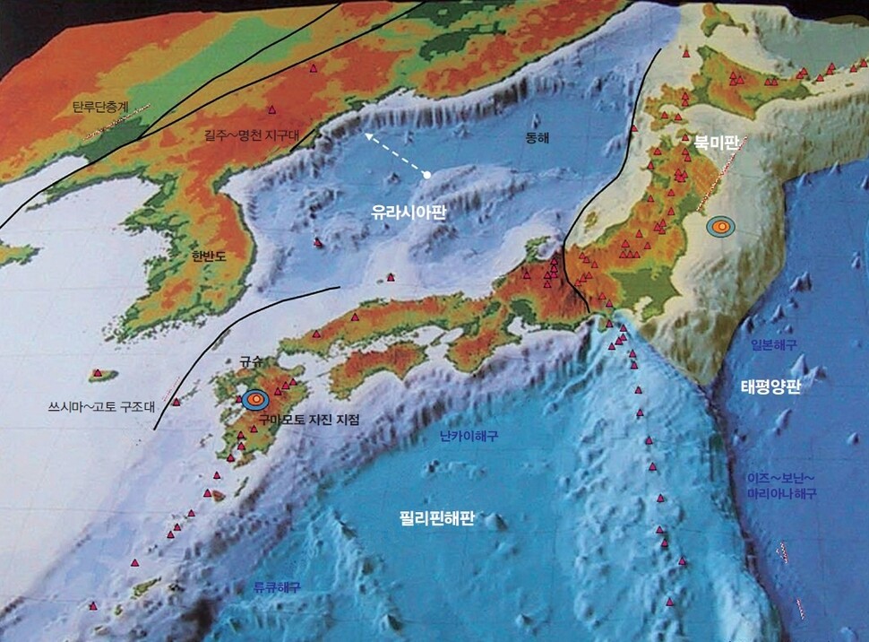 동아시아의 지체구조. 이번 일본 구마모토 지진에서 발생한 에너지는 한반도에도 일부 전달됐다. 북미판의 3색원은 4월20일 ‘동북 일본’ 센다이 해역에서 발생한 지진(규모 5.6). 구마모토 지진과는 발생 기작과 원인에서 관련성이 없다. 붉은색 삼각형은 활화산들. 이윤수 제공 (※이미지를 누르면 더 크게 보실 수 있습니다.)