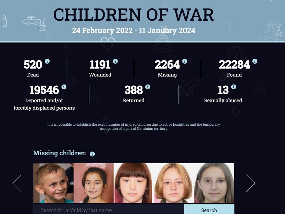 우크라이나 정부가 2022년 2월 러시아의 침공 이후 어린이 피해를 집계하는 데이터베이스 ‘전쟁의 아이들’(Children of war)에 사망, 부상, 실종, 강제이동, 귀환 등 항목별 통계가 보인다. 누리집 갈무리
