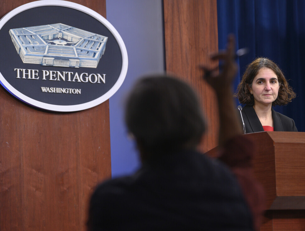Mara Karlin, acting US deputy undersecretary of defense for policy, announces the recommendations of the US’ global posture review on Monday from the US Department of Defense. (provided by the US Department of Defense)
