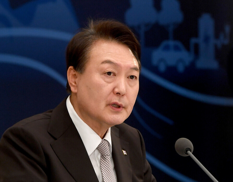 President Yoon Suk-yeol of South Korea speaks during a status report meeting with the Ministry of land and Infrastructure and the Ministry of Environment held at the Blue House on Jan. 3. (presidential office pool photo)