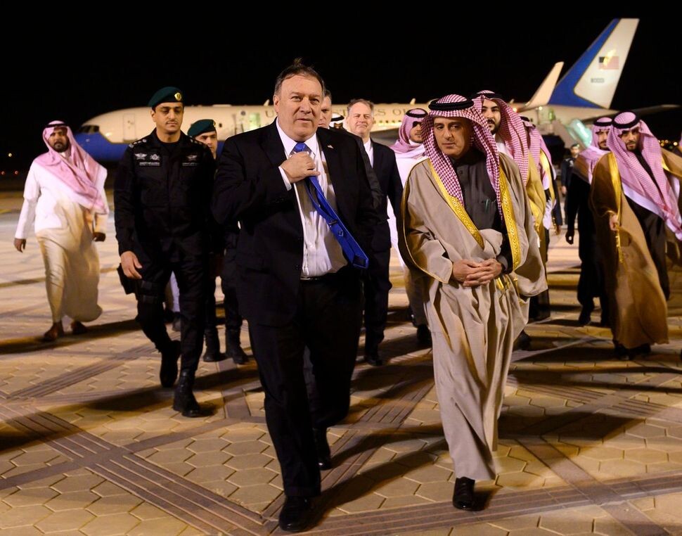 US Secretary of State Mike Pompeo (left) is greeted by Saudi Minister of State for Foreign Affairs Adel al-Jubeir in Riyadh on Jan. 13 during the former’s Middle East tour.