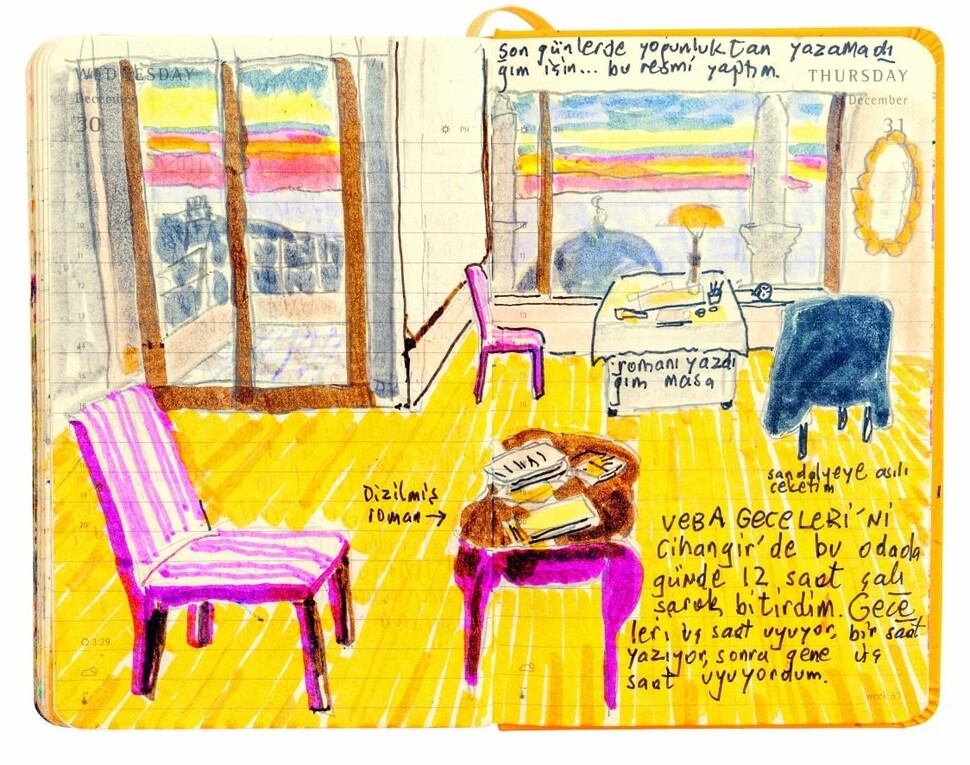 “최근 너무 바빠서 여기에 글을 쓸 수 없어…… 이 그림을 그렸다”며 남긴, 소설 ‘페스트의 밤’을 완성할 때의 작업실. 민음사 제공