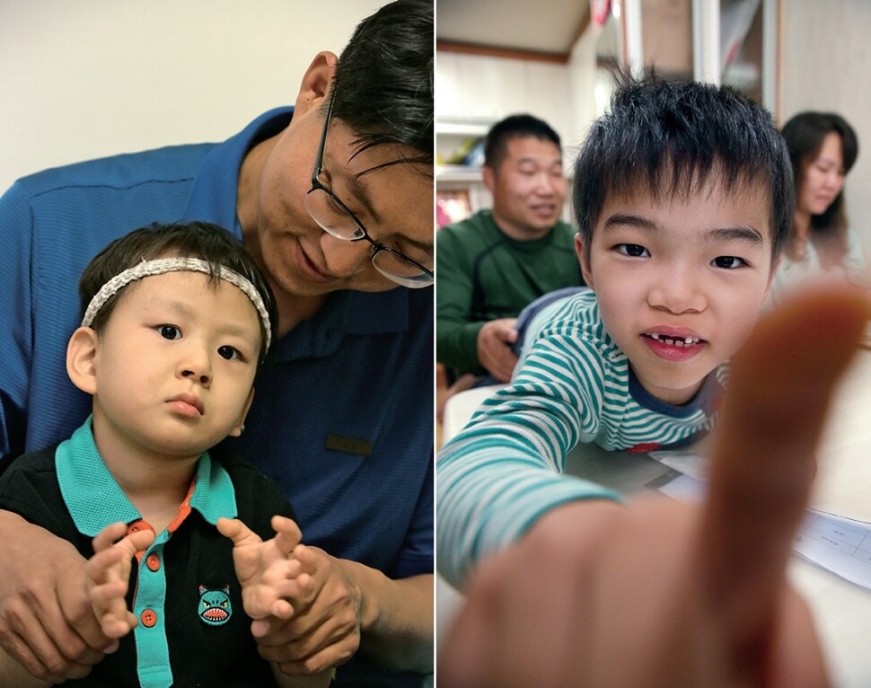 단역배우로 일하는 아빠는 짬이 날 때마다 시후를 잘 봐준다(왼쪽). ‘신연기수술’로 머리에 박았던 나사를 빼고 고정판 수술을 한 뒤 조금 좋아진 기현의 모습. 기현이가 동생 수현이가 부르는 노래를 조금씩 따라 부를 때마다 엄마·아빠는 행복하다(오른쪽). 류우종 기자