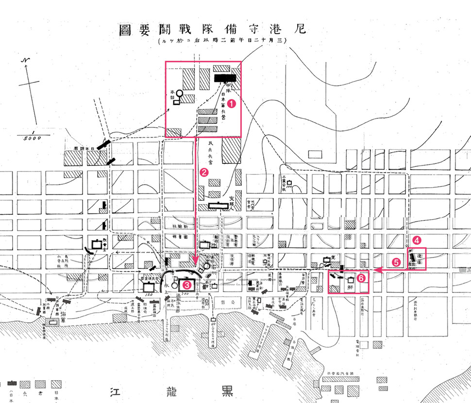 일본군이 작성한 ‘니콜라옙스크 수비대 전투지도’.(1920년 3월12일 이후) ①일본군 병영 위치 ②일본군 주력의 기습 공격 방향 ③적위군 본부 소재지 ④일본군 별동대 고토 대위가 이끄는 11중대 출발지 ⑤고토 부대의 진격로 ⑥대한독립군의 숙영지