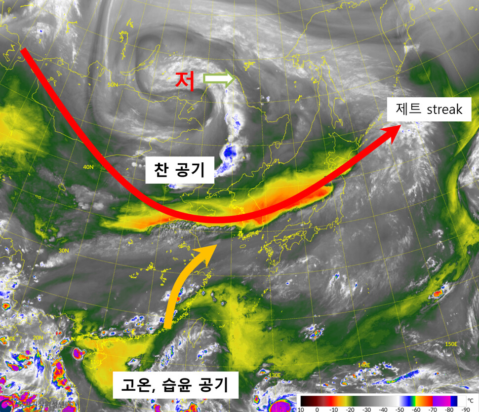 우리나라 상층에 찬공기가 정체된 상태에서 태풍이 따뜻하고 습윤한 공기를 밀어올리면 강한 비구름이 발달할 수 있다. 기상청 제공