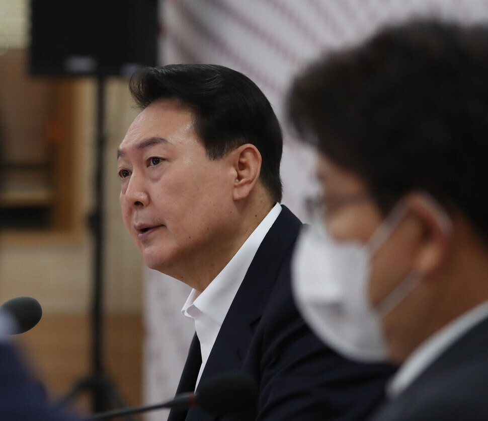 President Yoon Suk-yeol speaks at fiscal strategy meeting at Chungbuk National University in Cheongju on July 7. (presidential office pool photo)