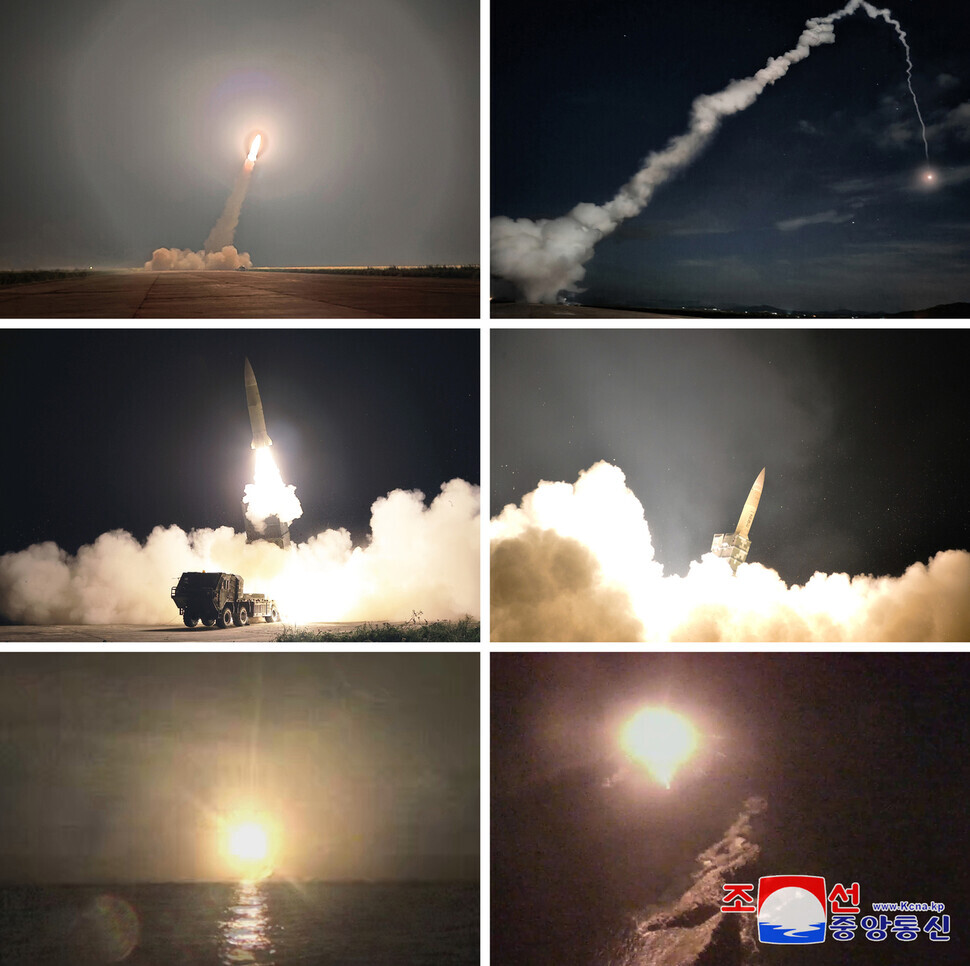 In this photo released by North Korean state media, missiles are seen being launched by its tactical nuclear operation unit on Aug. 30. (KCNA/Yonhap)